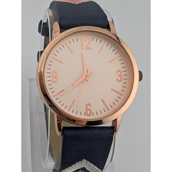 Accutime Watch Women 36mm Rose Gold Case Embrodiered Navy  Band- New Battery - Picture 1 of 8